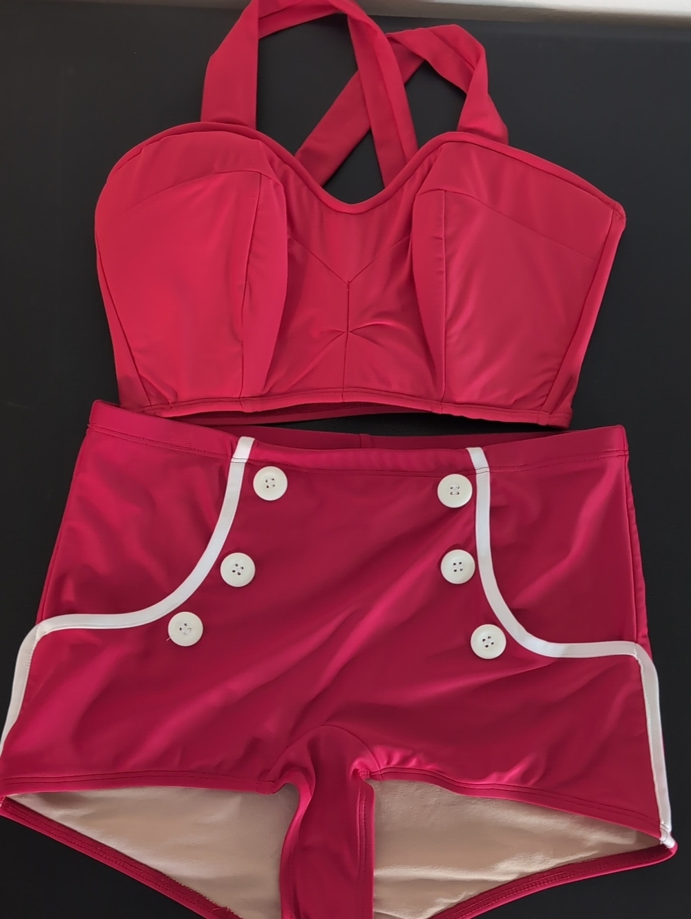 Retro High-Waisted Pink Bikini Set with White Button Trim